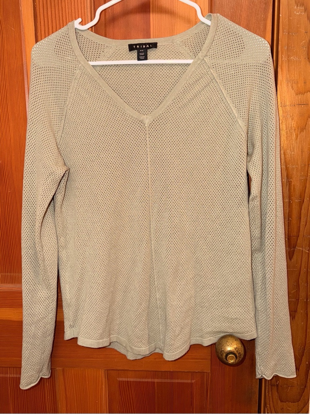 Tribal Light Sage Open-Knit V-Neck Long Sleeve Top